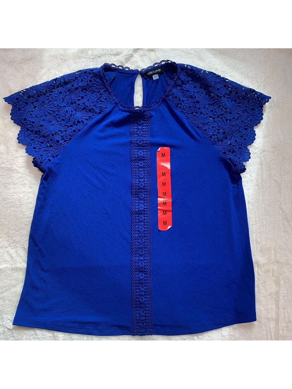 Cable & Gauge Women’s Royal Blue Lace Sleeve Blouse Button Detail Sz Med